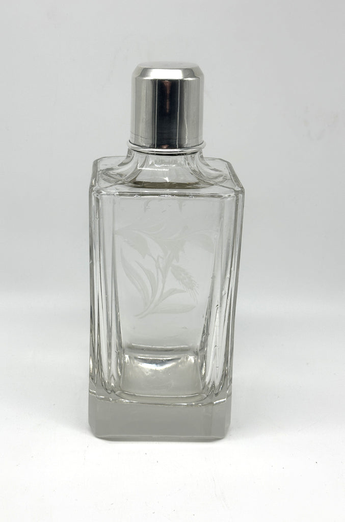Vintage Decanter. Etched Glass and Sterling Top. Rye or Wheat Motif. 8 1/2" H