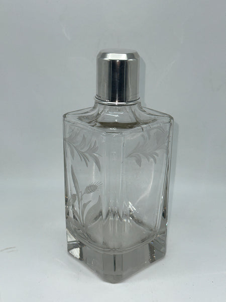 Vintage Decanter. Etched Glass and Sterling Top. Rye or Wheat Motif. 8 1/2" H