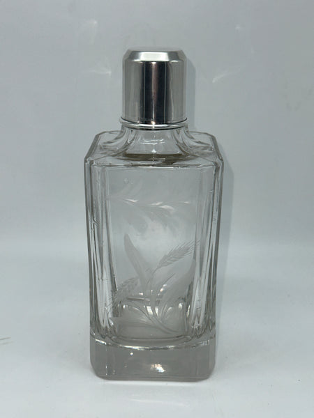 Vintage Decanter. Etched Glass and Sterling Top. Rye or Wheat Motif. 8 1/2" H
