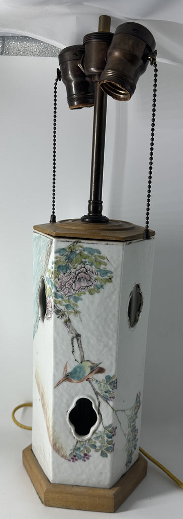 Chinese Porcelain Hat Stand Lamp. White Ground Birds and Flowers. Qing.