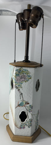 Chinese Porcelain Hat Stand Lamp. White Ground Birds and Flowers. Qing.