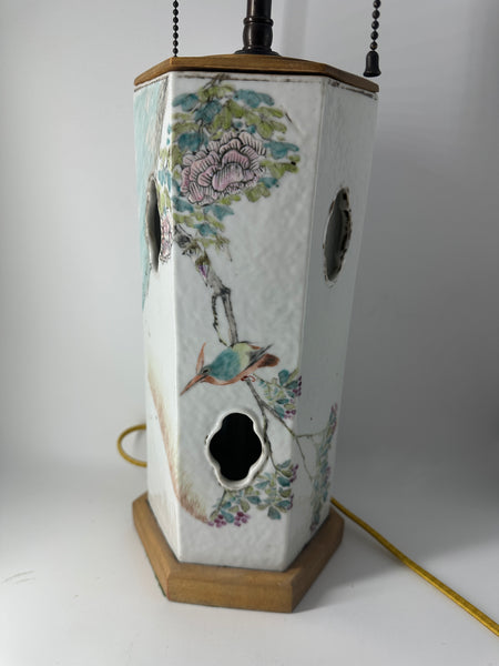 Chinese Porcelain Hat Stand Lamp. White Ground Birds and Flowers. Qing.