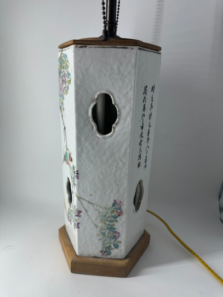Chinese Porcelain Hat Stand Lamp. White Ground Birds and Flowers. Qing.