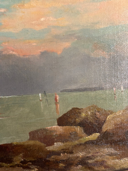Original Oil Painting on Canvas. Sunset Beach Scene. Arts and Crafts Frame.