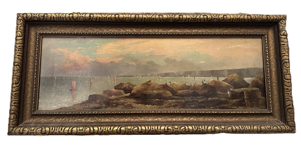 Original Oil Painting on Canvas. Sunset Beach Scene. Arts and Crafts Frame.