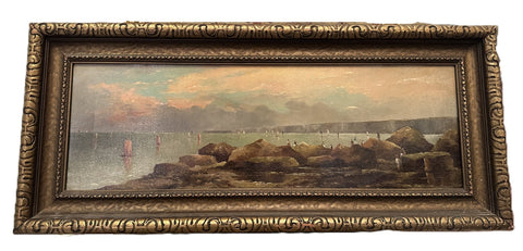 Original Oil Painting on Canvas. Sunset Beach Scene. Arts and Crafts Frame.