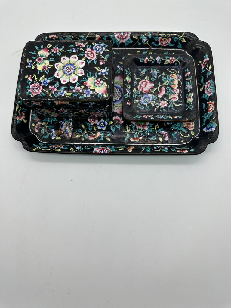 Chinese Enamel on Copper. Desk or Dresser Set. Black and Floral. Circa 1900