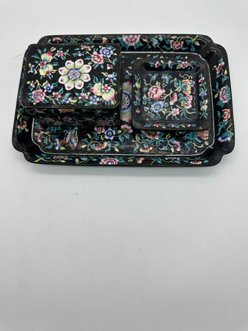 Chinese Enamel on Copper. Desk or Dresser Set. Black and Floral. Circa 1900