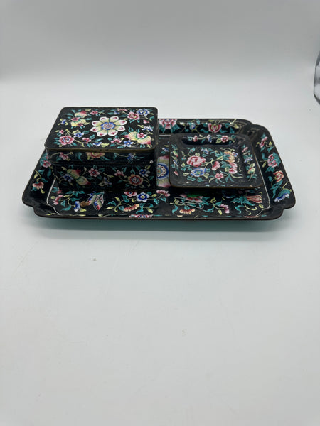 Chinese Enamel on Copper. Desk or Dresser Set. Black and Floral. Circa 1900