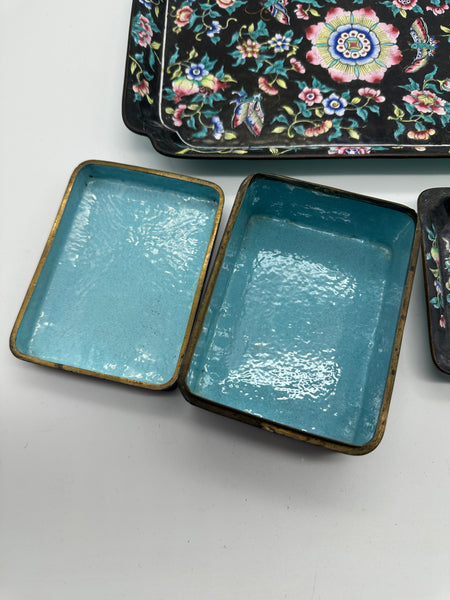 Chinese Enamel on Copper. Desk or Dresser Set. Black and Floral. Circa 1900