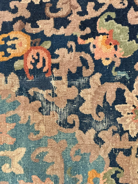 Chinese Area Rug. Dark Blue with Pink and Blue Border. Early 20th C. 6' x 8' 8"