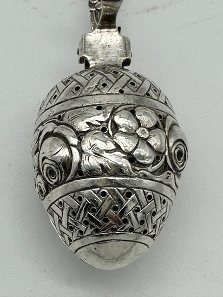 Tea Ball Infuser Spoon. German 800 Silver. Repousse Floral, Pierced Handle. 6"