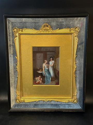 European Painting on Porcelain. Gilded Frame in Shadow Box. 19th Century