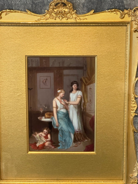 European Painting on Porcelain. Gilded Frame in Shadow Box. 19th Century