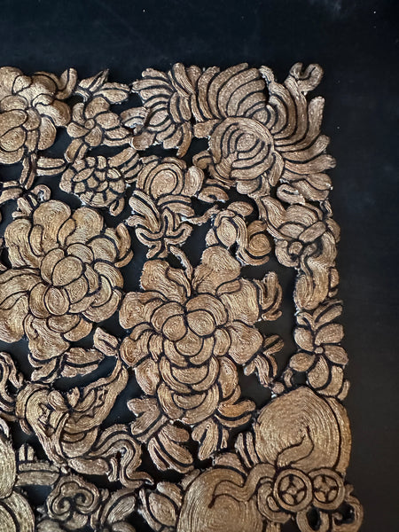 Chinese Embroidery. Black and Gold. Forbidden. Gold Couching. 9 1/2" H x 16" W