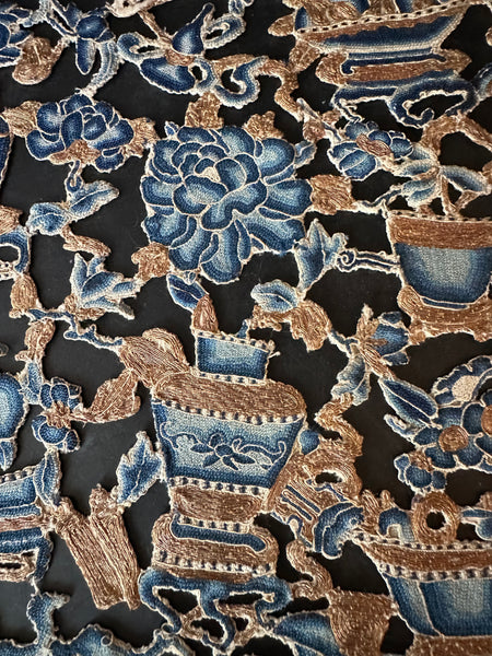 Chinese Embroidery. Blues and Gold. Forbidden Peking Stitch and Gold Couching