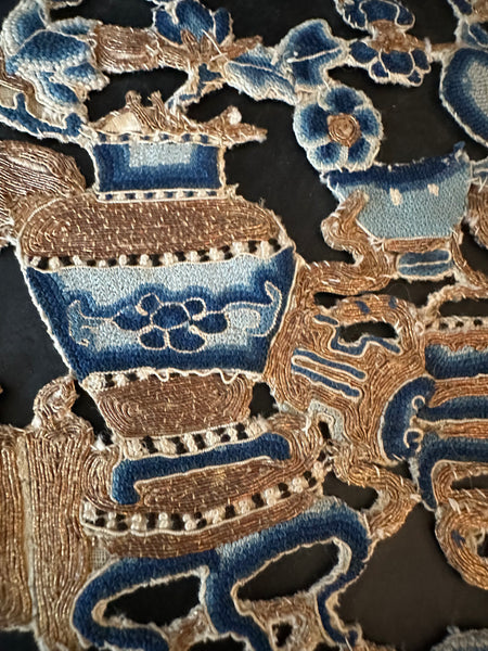 Chinese Embroidery. Blues and Gold. Forbidden Peking Stitch and Gold Couching