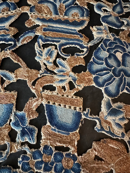 Chinese Embroidery. Blues and Gold. Forbidden Peking Stitch and Gold Couching