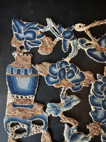 Chinese Embroidery. Blues and Gold. Forbidden Peking Stitch and Gold Couching