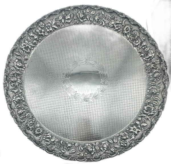 Large Circular Sterling Silver Repousse Floral Footed Tray. 20" D. 2452 grams