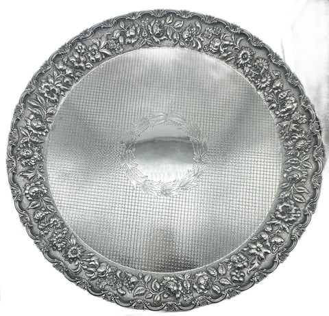 Large Circular Sterling Silver Repousse Floral Footed Tray. 20" D. 2452 grams