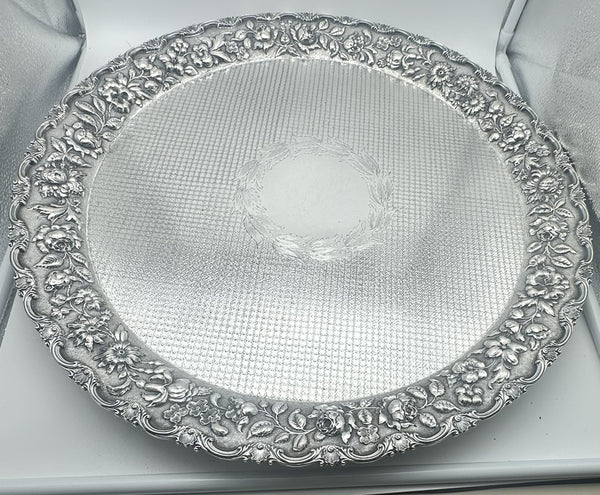 Large Circular Sterling Silver Repousse Floral Footed Tray. 20" D. 2452 grams