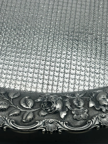 Large Circular Sterling Silver Repousse Floral Footed Tray. 20" D. 2452 grams