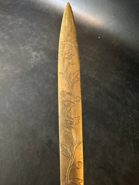 Letter Opener. Chinese Carved Jade Buckle Handle with Engraved Brass. Circa 1920