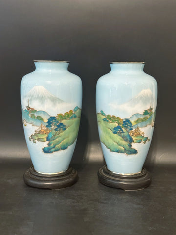 Pair of Japanese Cloisonne Vase. Pale Blue Ground with Mt. Fuji Scene. 7 1/4" H