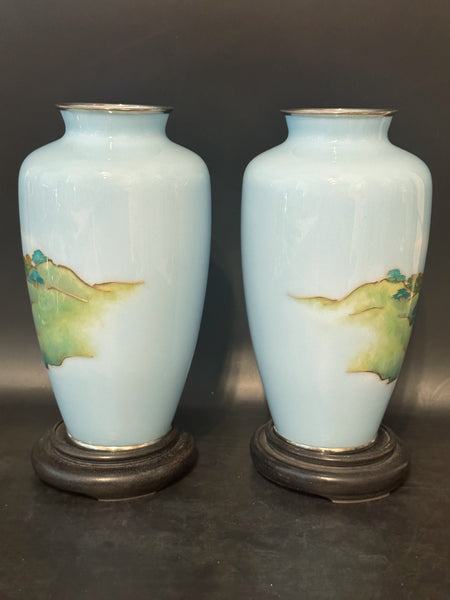 Pair of Japanese Cloisonne Vase. Pale Blue Ground with Mt. Fuji Scene. 7 1/4" H