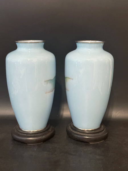 Pair of Japanese Cloisonne Vase. Pale Blue Ground with Mt. Fuji Scene. 7 1/4" H