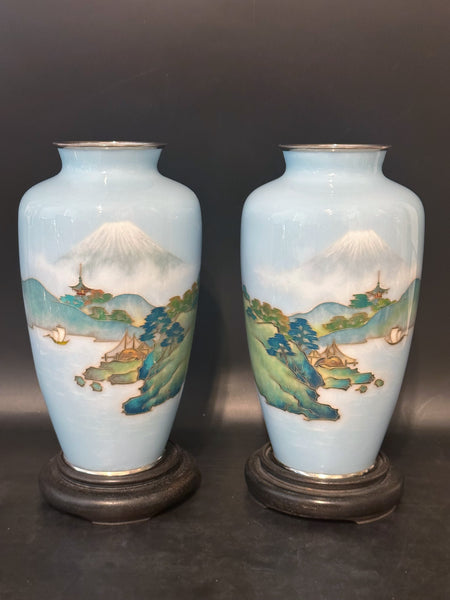 Pair of Japanese Cloisonne Vase. Pale Blue Ground with Mt. Fuji Scene. 7 1/4" H