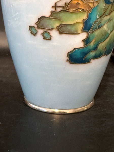 Pair of Japanese Cloisonne Vase. Pale Blue Ground with Mt. Fuji Scene. 7 1/4" H