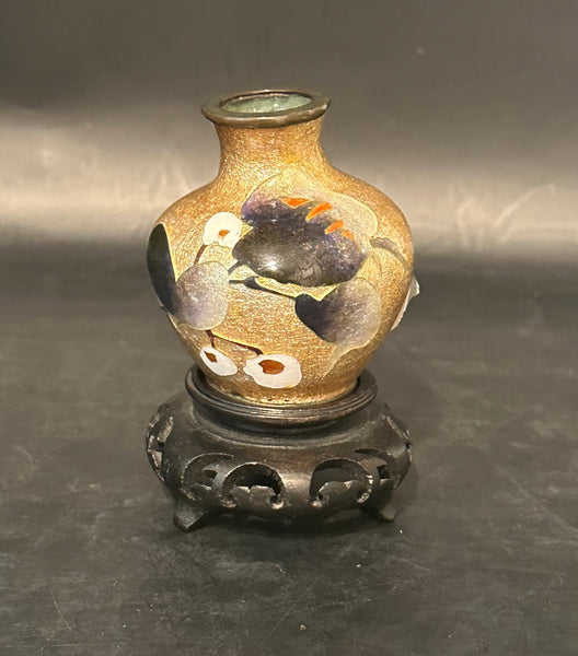 Small Japanese Ginbari Cloisonne Vase. Bird Motif. 2 3/8" H