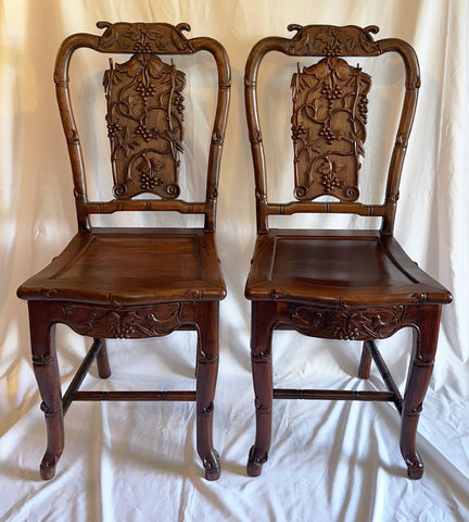 Pair Side Chairs. Chinese Rosewood. Grapevine and Bamboo Design. Qing.