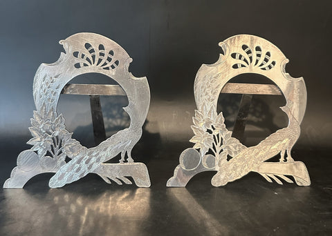 Pair of Silver Picture Frames. Peacock and Flowers. Photo Opening 2 1/8" x 2"