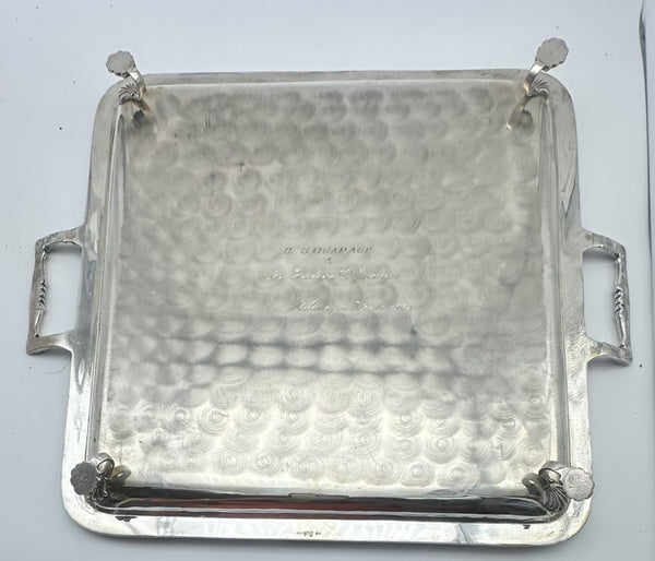 Square Handled Tray. Italian 800 Silver. Shell Motif. 20th Century. 16 3/4"