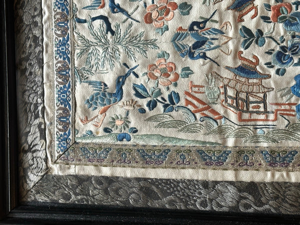 Chinese Embroidery. Pair Sleeves Framed with Border. Qing. Overall 10 3/4" x 14"