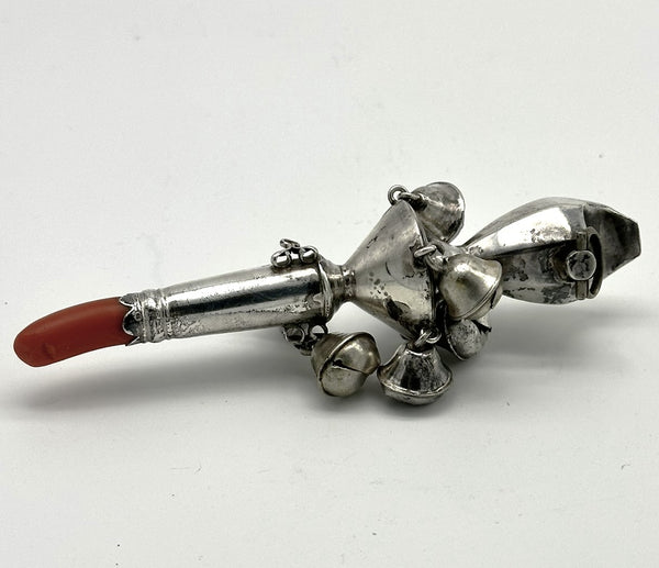 Georgian Period English Sterling and Coral Baby Rattle with Whistle. 5 ...