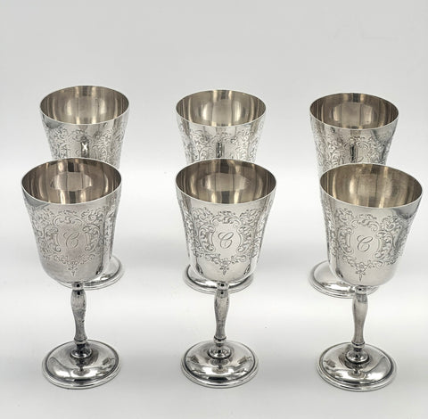 Six Wine Goblets. English Sterling Silver. Engraved. Birmingham 1967. C monogram