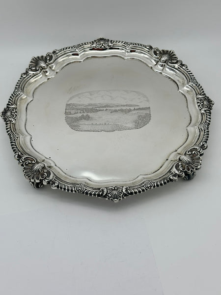 Footed Salver Tray. English Sterling Silver. London 1907. Engraved Landscape.