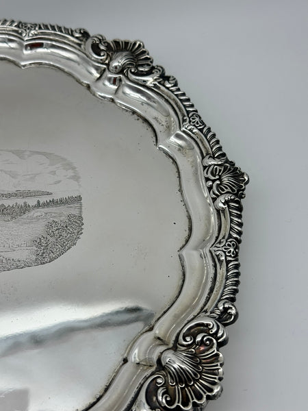 Footed Salver Tray. English Sterling Silver. London 1907. Engraved Landscape.