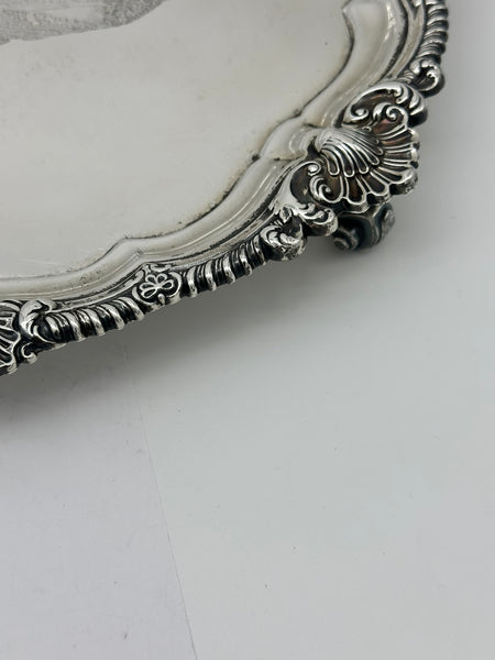 Footed Salver Tray. English Sterling Silver. London 1907. Engraved Landscape.