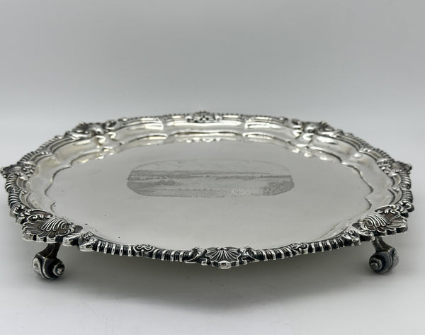 Footed Salver Tray. English Sterling Silver. London 1907. Engraved Landscape.