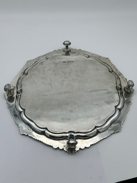 Footed Salver Tray. English Sterling Silver. London 1907. Engraved Landscape.