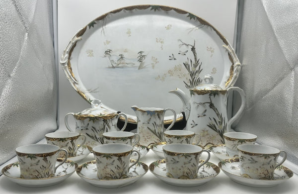 Russian Porcelain Demitasse Set for Eight with Tray. Kuznetsov. Late 19th C