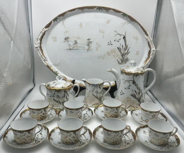 Russian Porcelain Demitasse Set for Eight with Tray. Kuznetsov. Late 19th C