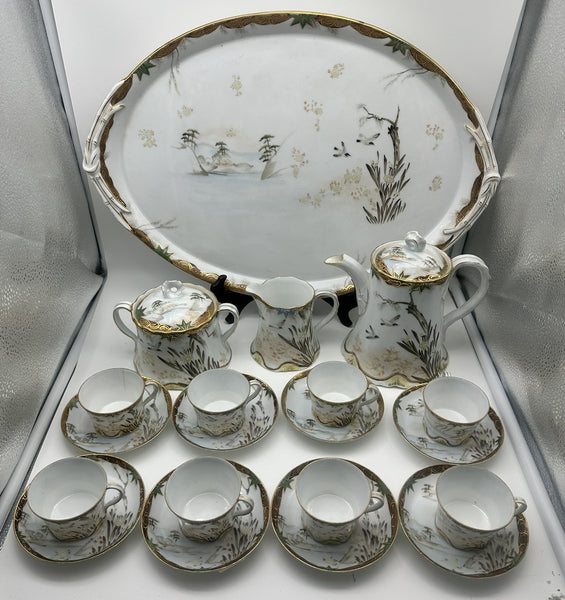 Russian Porcelain Demitasse Set for Eight with Tray. Kuznetsov. Late 19th C