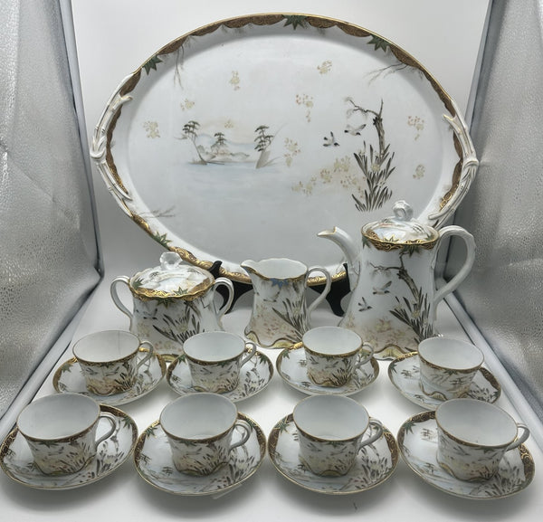 Russian Porcelain Demitasse Set for Eight with Tray. Kuznetsov. Late 19th C