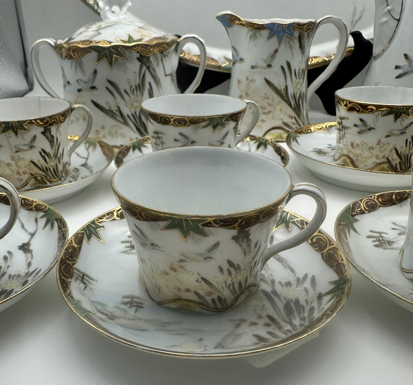 Russian Porcelain Demitasse Set for Eight with Tray. Kuznetsov. Late 19th C